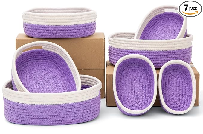 7 Piece Cotton Rope Woven Basket Set - Small Basket for Baby Nursery, Pets, Montessori, Dog & Cat Toy Boxes, Bathroom Organization Bins (White/Purple)
