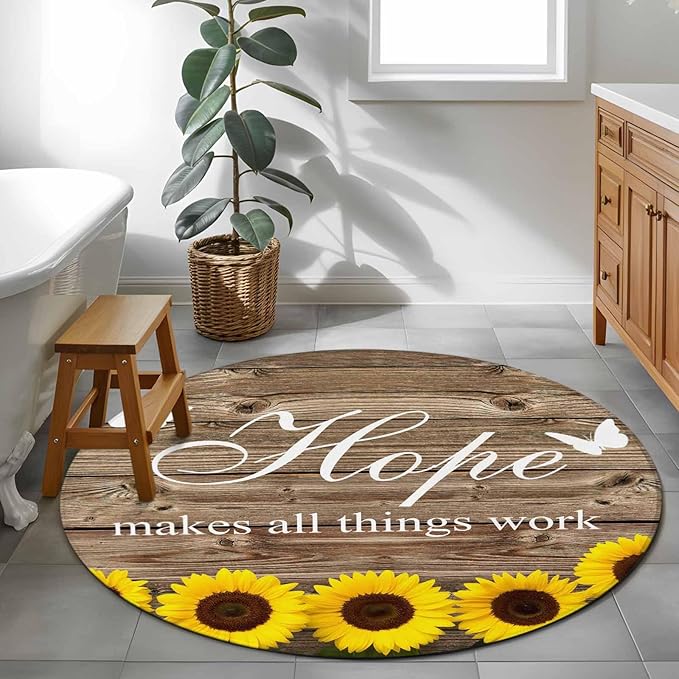 Washable Round Area Rug Farm Sunflower Positive Energy Quote Circle Rugs Floor Carpet for Living Room Bedroom, Retro Dark Brown Wood Grain Soft Non Slip Round Rug 3ft