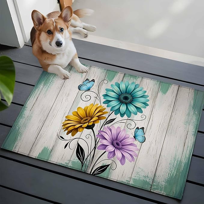 Area Rug 2x3ft, Farm Flower Daisy Retro Wood Barn Washable Rugs for Living Room Bedroom, Blossom Flower Butterfly Soft Non-Slip Area Rugs Rectangle Floor Carpet for Dining Room
