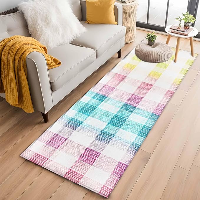 Runner Rug for Bedroom Hallway, Easter Red Yellow Blue Stripes Kitchen Runner Rugs Area Rug 2x6ft, Abstract Buffalo Plaid Washable Soft Floor Carpet for Entryway Stair