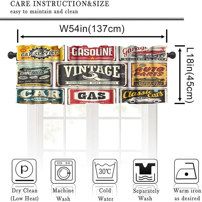 1950s Retro Valances Curtains Vintage Car Signs Automobile Advertising Repair Vehicle Garage Classics Servicing Windows Short Curtain Valance for Kitchen Bedroom with Rod Pocket 1 Panel 54X18 Inches