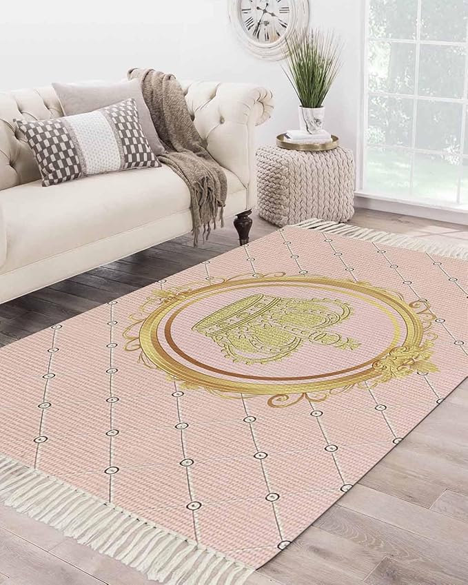 Kitchen Runner Rugs, Golden Crown Queen Pink Lattice 4'x6' Throw Rug with Tassels, White Dot Washable Soft Floor Carpet Runner for Hallway Bedroom Bathroom Laundry Room