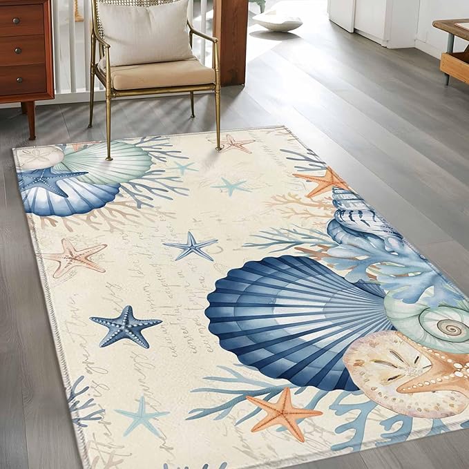 Area Rug 4x6ft, Summer Blue Shells Starfish Washable Rugs for Living Room Bedroom, Vintage Coral Shells Fish Soft Non-Slip Area Rugs Rectangle Floor Carpet for Dining Room