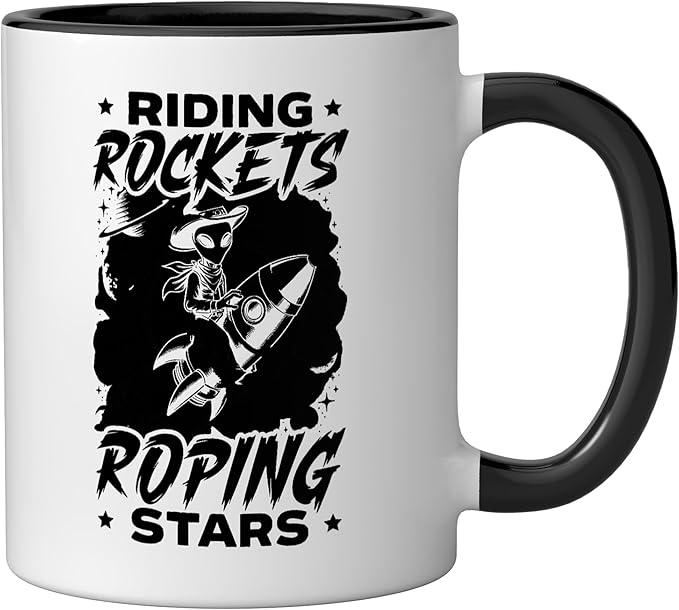 Alien Lover Flying Saucer UFO Extraterrestrial Cowboy Ceramic Mug, Black/White