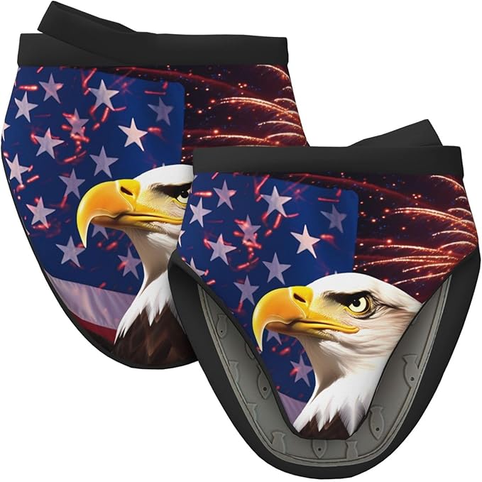 2 Pcs Mini Silicone Oven Mitts USA Eagle Flag Heat Resistant Grill Gloves with Hanging Loop, Banner Firework Short Kitchen Mittens for Cooking Baking BBQ
