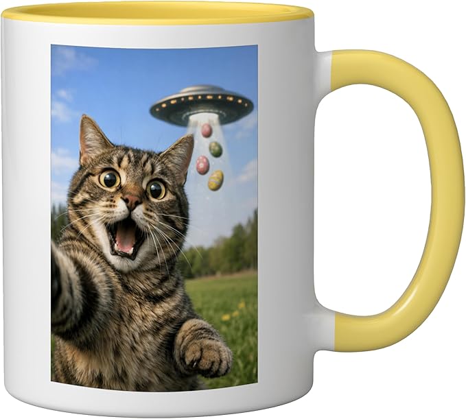 Funny Cat Selfie with Easter Eggs UFO for Men Women Kids Ceramic Mug, Yellow/White