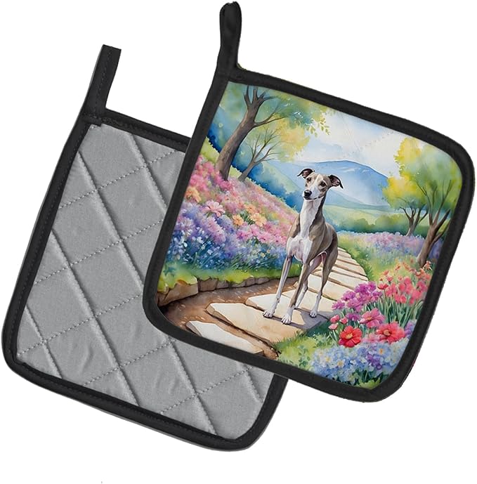 Caroline's Treasures Whippet Spring Path Pair of Pot Holders Kitchen Heat Resistant Pot Holders Sets Oven Hot Pads for Cooking Baking BBQ, 7 1/2 x 7 1/2