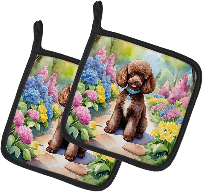 Caroline's Treasures Chocolate Poodle Spring Path Pair of Pot Holders Kitchen Heat Resistant Pot Holders Sets Oven Hot Pads for Cooking Baking BBQ, 7 1/2 x 7 1/2