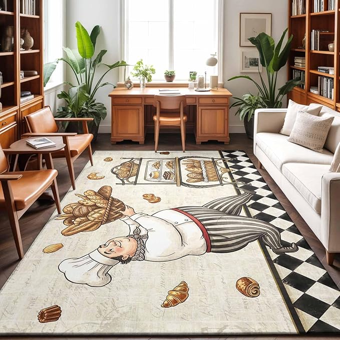 Area Rug 9x12ft, Farmhouse Kitchen Baker Bread Washable Rugs for Living Room Bedroom Rectangle Floor Carpet, Vintage Black Plaid Soft Non-Slip Area Rugs for Dining Room