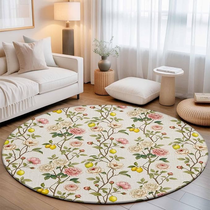 Washable Round Area Rug Farmhouse Blossom Flower Leaf Lemon Circle Rugs Floor Carpet for Living Room Bedroom, Summer Retro Floral Fruit Soft Non Slip Round Rug 5ft