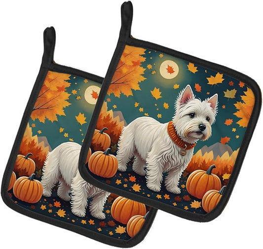 Caroline's Treasures DAC1080PTHD Westie Fall Pair of Pot Holders Kitchen Heat Resistant Pot Holders Sets Oven Hot Pads for Cooking Baking BBQ, 7 1/2 x 7 1/2