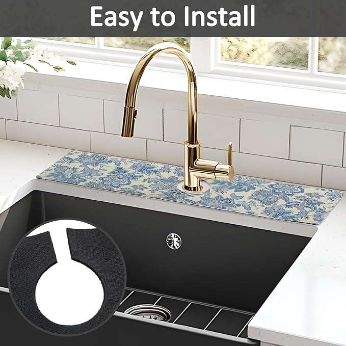 24" X 5.5" Kitchen Sink Splash Guard Faucet Mat Flora Super Absorbent Fast Drying Faucet Guard & Draining Mat Sink Splash Guard Behind Faucet for Kitchen, Bathroom