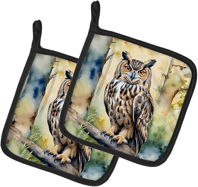Caroline's Treasures Eurasian Eagle Owl Pair of Pot Holders Kitchen Heat Resistant Pot Holders Sets Oven Hot Pads for Cooking Baking BBQ, 7 1/2 x 7 1/2