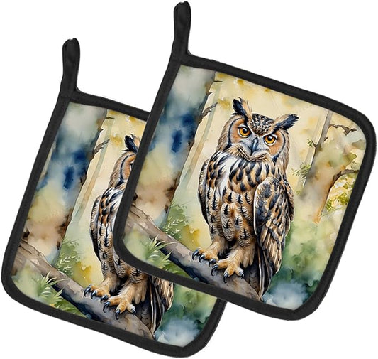 Caroline's Treasures Eurasian Eagle Owl Pair of Pot Holders Kitchen Heat Resistant Pot Holders Sets Oven Hot Pads for Cooking Baking BBQ, 7 1/2 x 7 1/2
