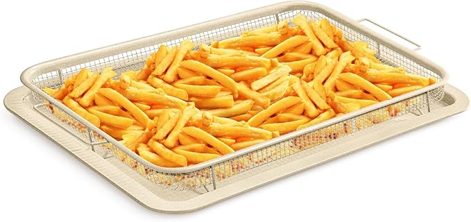 Bakken- Swiss Crisper Tray with White Marble Coating - 2-Piece Large Set – Non-Stick Basket for Healthier Cooking in Regular Ovens - Perfect for Crispy Chips, Bacon & More