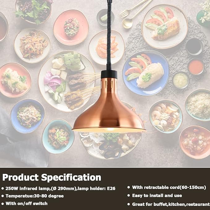 KOUDA Hanging Commercial Food Warmer Lights Telescopic Heating Lamps For Buffet Kitchen Restaurant (Bronze, Dia.29cm, Adjustable Height.60-150cm)