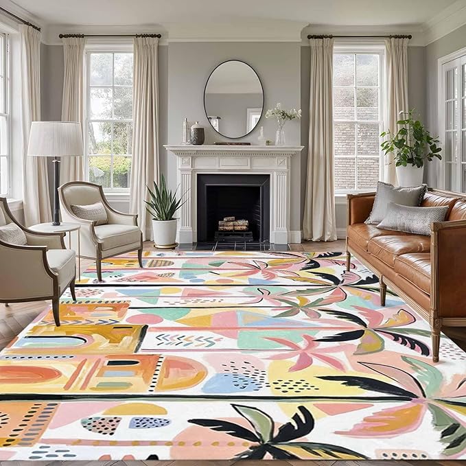 Area Rug 8x10ft, Boho Summer Artistic Palm Trees Washable Rugs for Living Room Bedroom, Abstract Buildings Soft Non-Slip Area Rugs Rectangle Floor Carpet for Dining Room