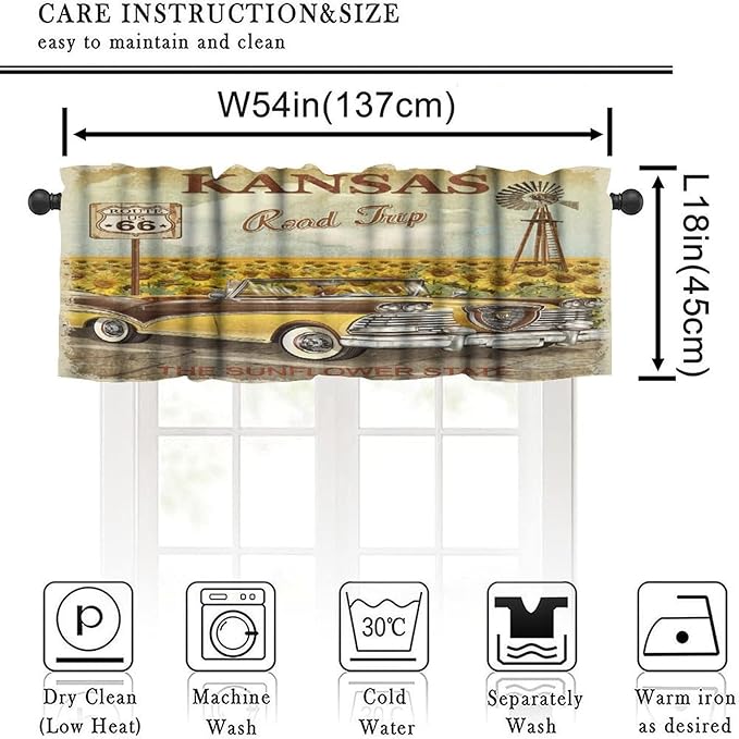 Retro Car Valance Curtain American Vintage Classic Old Car with Sunflowers Print Rod Pocket Valance Window Treatments Short Curtains for Kitchen Bathroom Farmhouse 54x18inch