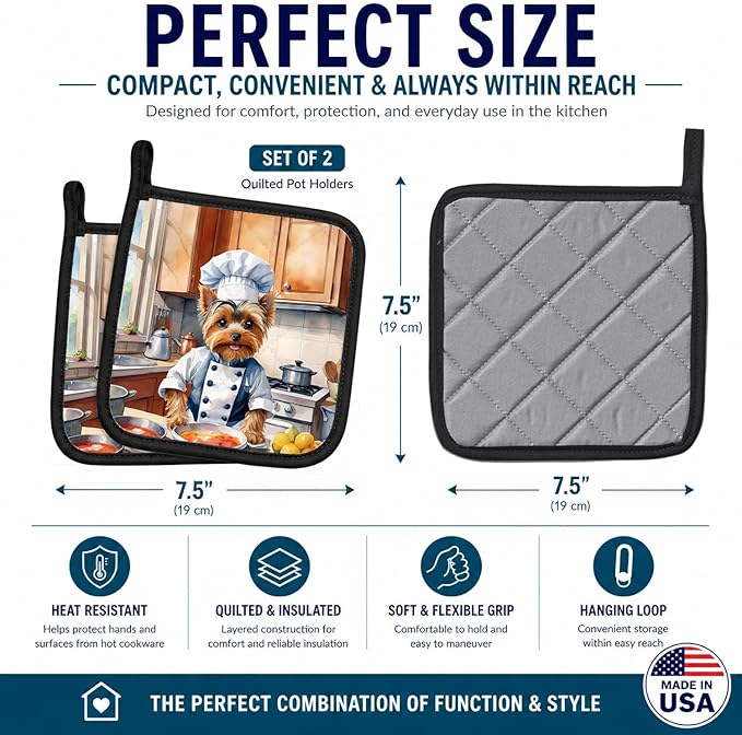 Caroline's Treasures Yorkie Yorkshire Terrier The Chef Pair of Pot Holders Kitchen Heat Resistant Pot Holders Sets Oven Hot Pads for Cooking Baking BBQ, 7 1/2 x 7 1/2