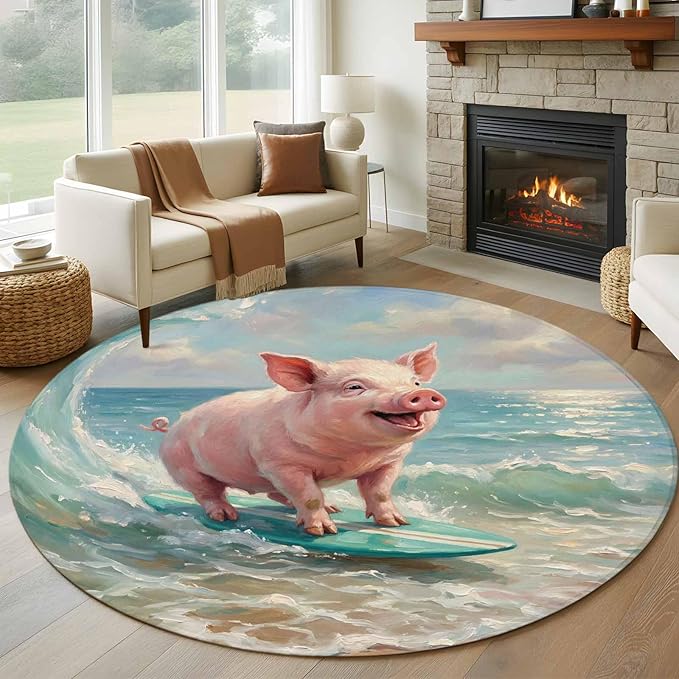 Washable Round Area Rug Surfing Farm Pink Pig Circle Rugs Floor Carpet for Living Room Bedroom, Summer Blue Sea Wave Beach Soft Non Slip Round Rug 5ft