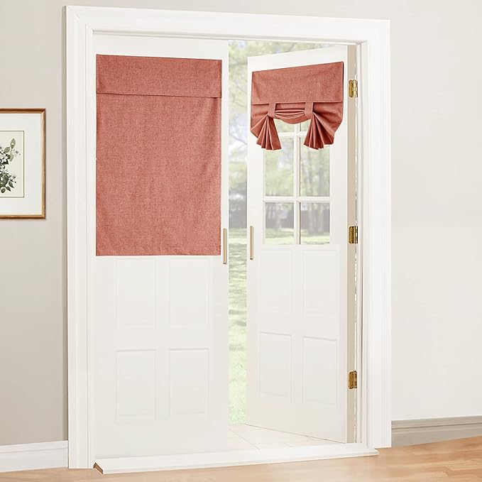 RYB HOME 100% Blackout Curtains for Small Window, Linen Textured Blend Insulating Privacy French Door Curtains Tie Up Shades for Kitchen Storage Cabinet Basement, W 30 x L 40, Brick Red, 1 Panel