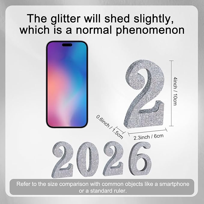 TONIFUL 4 Inch 2026 Silver Glitter Table Centerpiece Sign 2026 Number Word Sign,2026 Wooden Numbers Block for New Year Eve,Graduation,Chrismas,Anniversary Party Supplies