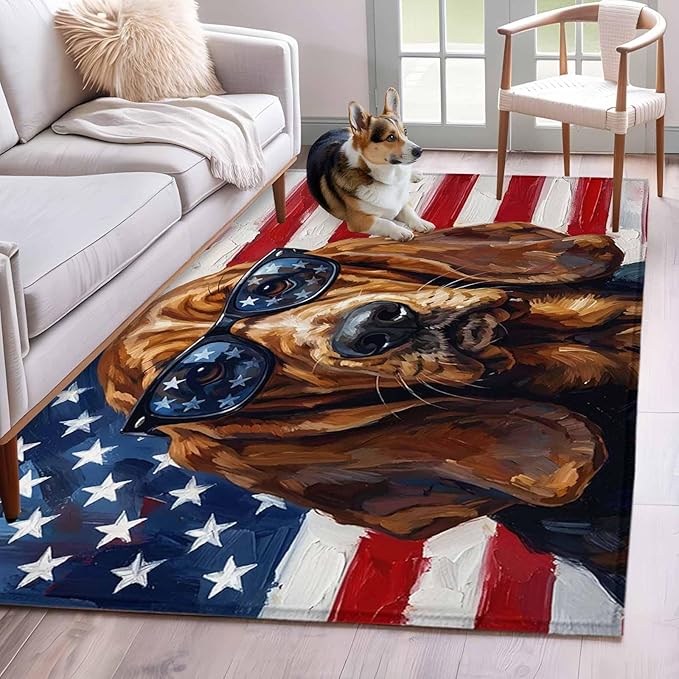 Area Rug 4x6ft, Independence Day USA Flag Washable Rugs for Living Room Bedroom, Basset Hound Patriotic Sunglasses Soft Non-Slip Area Rugs Rectangle Floor Carpet for Dining Room