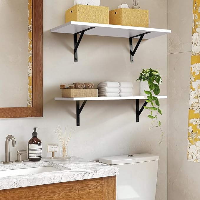 Tectocker-DOU Heavy Duty Long Wall Shelves Set of 2, Floating Shelves Wall Mounted with Industrial Brackets, 40lbs Capacity Shelves for Laundry Room, Kitchen, Bathroom, Living Room (24"*8",White)