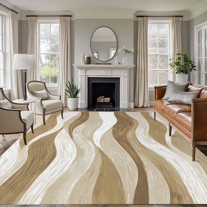 Area Rug 8x10ft, Modern Brown Ombre Ocean Wave Washable Rugs for Living Room Bedroom, Abstract Gradient Stripe Soft Non-Slip Area Rugs Rectangle Floor Carpet for Dining Room
