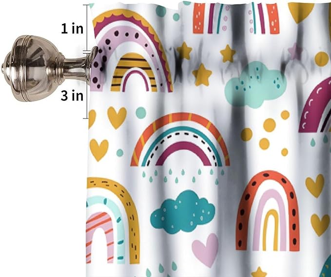 Boho Rainbow Valance, Cartoon Clouds Stars Love Hearts Rod Pocket Window Treatment for Kids Boys Girls Bedroom Living Room Kitchen Home Decor, 54x18Inch