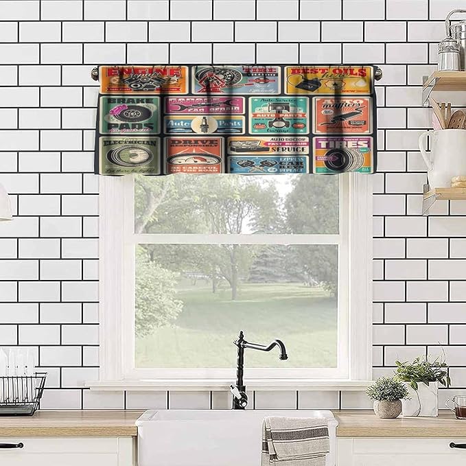 Retro Valance Curtain Car Service and Auto Center Vintage Signboard Windows Short Curtains Valances for Kitchen Living Room Bathroom Bedroom Farmhouse Decor with Rod Pocket, One Panel 54X18 Inches