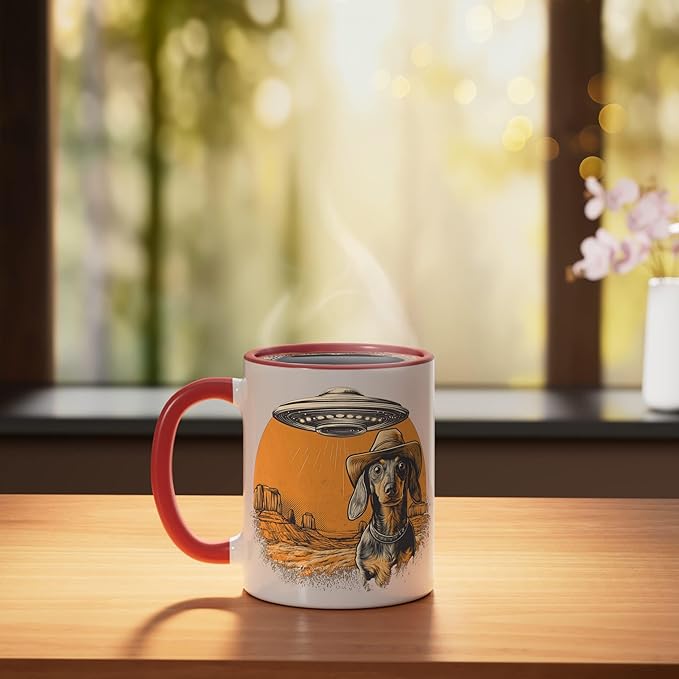 Retro Western UFO Dachshund Cowboy Alien Sci Fi Desert Ceramic Mug, Red/White