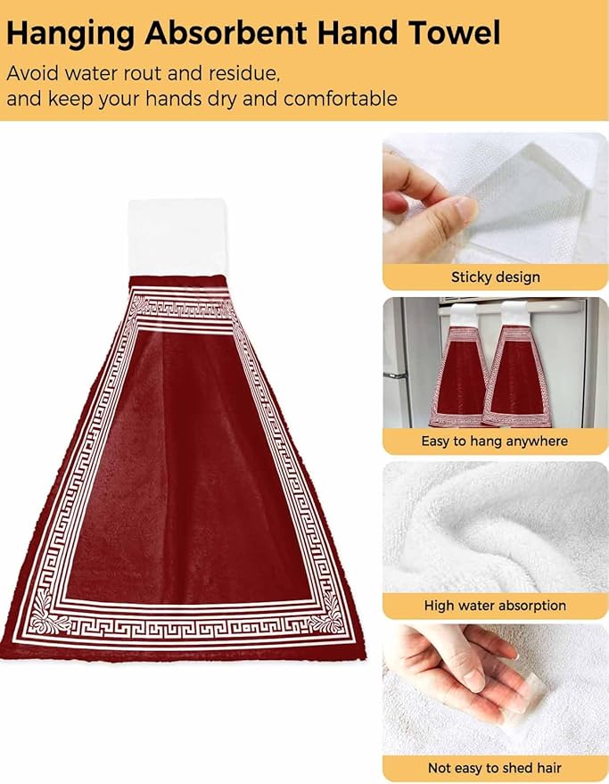 Alandar Home Kitchen Tie Towel Set of 2, Greek Abstract Inspired Key Pattern Absorbent Soft Hand Towels for Bathroom Hanging Towels, Geometric Twist Line on Red Fast Drying Cleaning Cloth with Loop