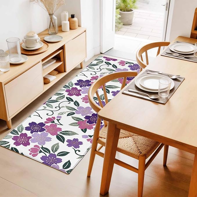 Runner Rug for Bedroom Hallway, Country Purple Pink Flower Green Leaf Kitchen Runner Rugs Area Rug 2x6ft, Pastoral Floral Plant Washable Soft Floor Carpet for Entryway Stair
