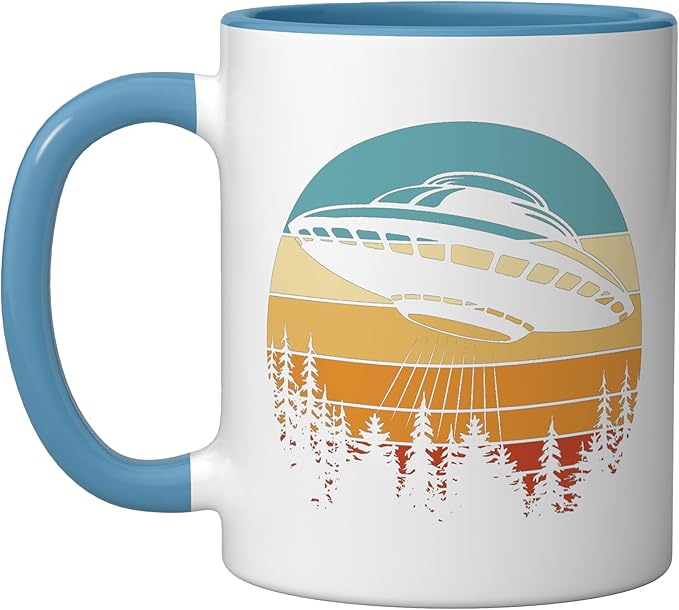 Alien UFO Flying Saucer Abduction Retro Ceramic Mug, Blue/White
