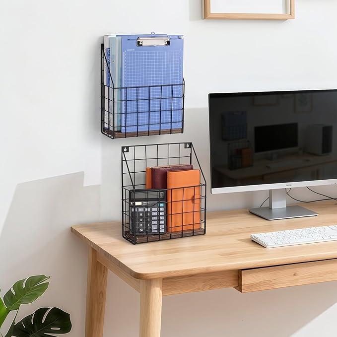 Mail Holder Magazine Basket - 2 Pack Black Wall Mount File Organizer Rack of Wooden Style with Adhesive Mounting - Metal Wire Hanging Sorter for Document Folders Newspaper Clipboard Brochure Display
