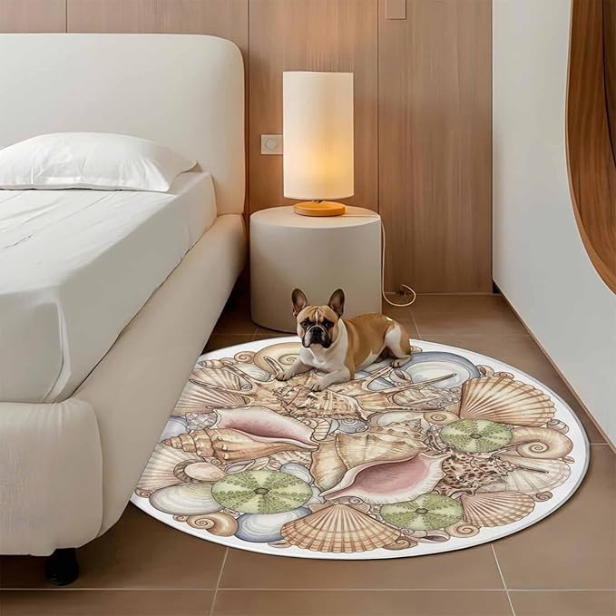Washable Round Area Rug Coastal Colorful Shell Conch Circle Rugs Floor Carpet for Living Room Bedroom, Modern Abstract Art Soft Non Slip Round Rug 4ft