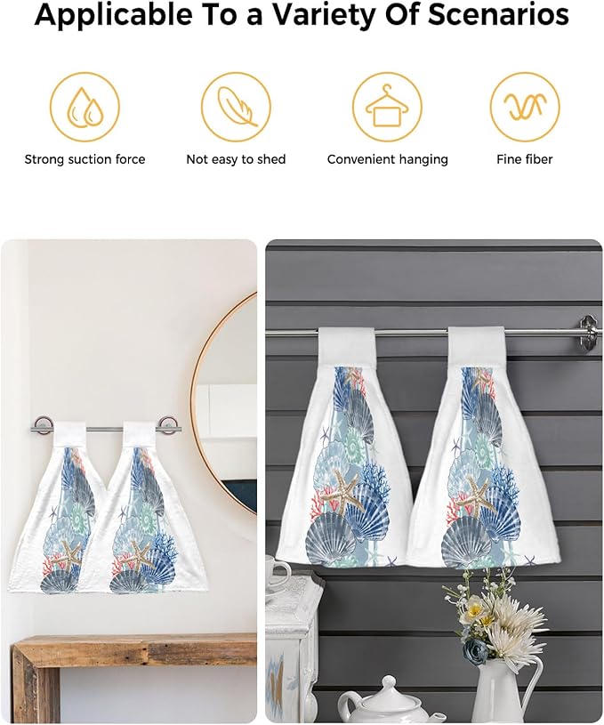 Alandar Home Kitchen Tie Towel Set of 2, Ocean Shells Starfish Coral Absorbent Soft Hand Towels for Bathroom Hanging Towels, Watercolor Marine Life Fast Drying Cleaning Cloth with Loop