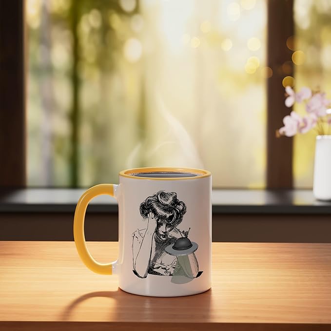 Girl with Alien Flying Saucer UFO Ceramic Mug, Yellow/White