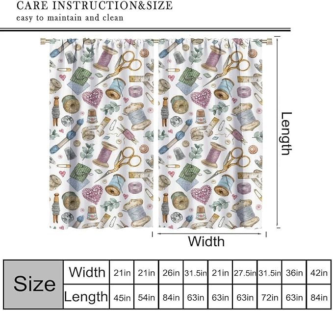 Sewing Mashine Window Curtain,Vintage Style Sewing Tool Needle Thread Watercolor Blackout Curtains for Bedroom Cafe Dining Room Office Living Room Kitchen Drapes, 55x63 in