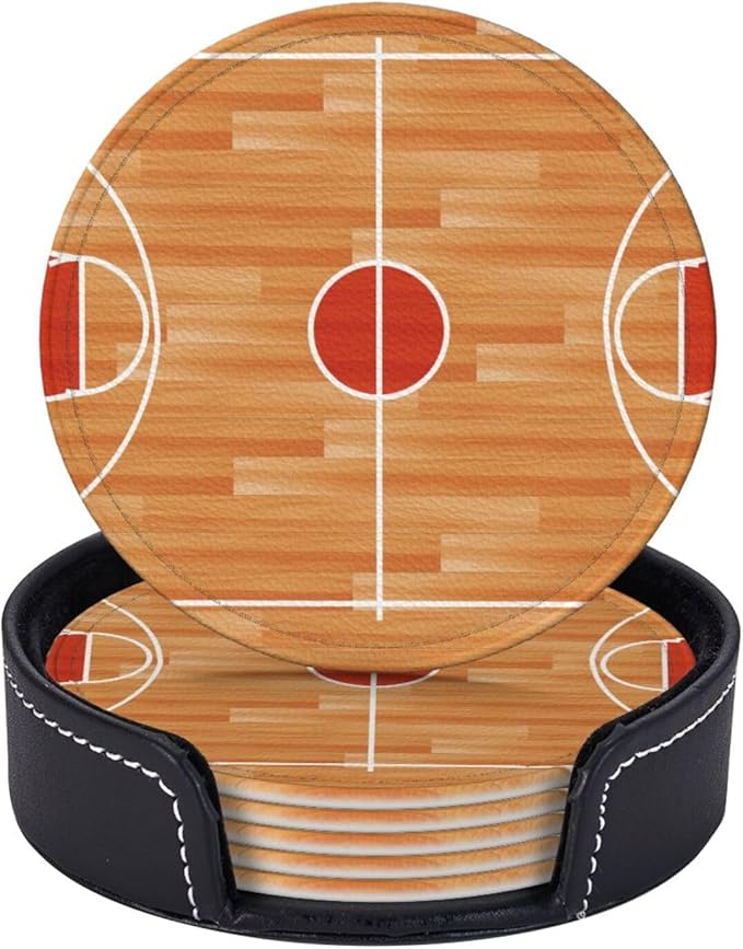 Basketball Court Leather Drinks Coasters with Holder, Set of 6, Suitable for Various Cups