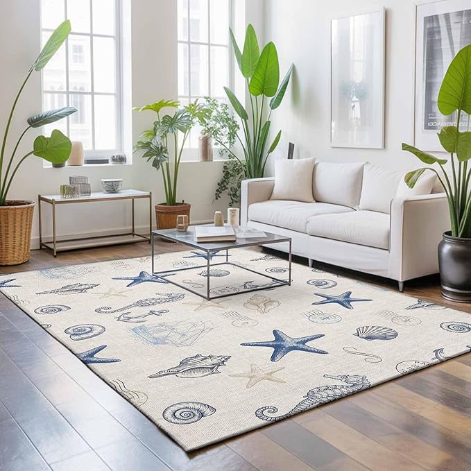 Area Rug 8x10ft, Coastal Seahorse Starfish Shell Conch Washable Rugs for Living Room Bedroom, Vintage Nautical Anchor Soft Non-Slip Area Rugs Rectangle Floor Carpet for Dining Room