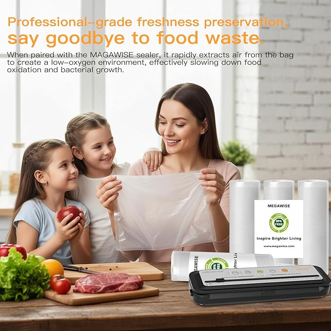 MEGAWISE Vacuum Sealer Bag Rolls with Labels & Marker, 2 Rolls 8 inch wide × 16.4 Feet Long BPA-Free Embossed Vacuum Rolls for All Vacuum Sealers