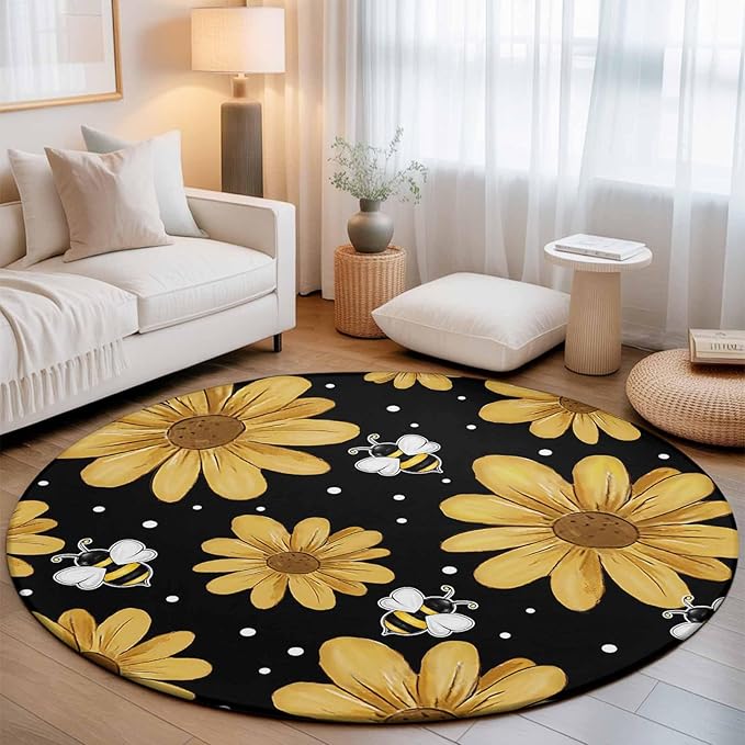 Washable Round Area Rug Summer Daisy Flower Bee on Black Circle Rugs Floor Carpet for Living Room Bedroom, Spring Watercolor Floral Soft Non Slip Round Rug 3ft