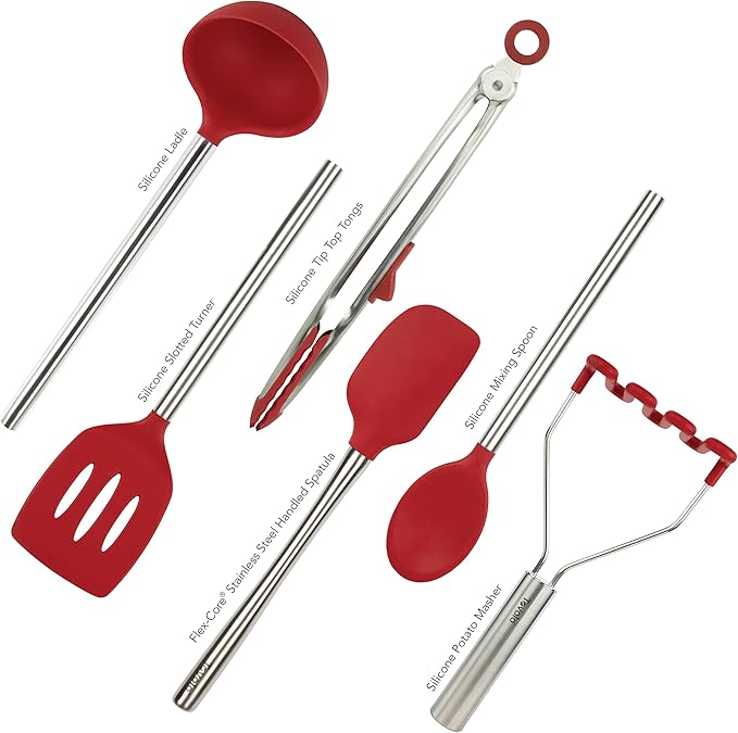 Tovolo Silicone Cooking Utensil Set of 6 Stainless Steel Handle Ladle Slotted Turner Tongs Flex Core Spatula Scraper Mixing Spoon & Potato Masher, Dishwasher Safe BPA Free Utensils, Cayenne Red
