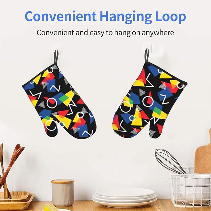 Colorful Geometric Pattern Oven Mitts of 2-Pack Set, Fashion Kitchen Gloves Heat Resistant Non-Slip Kitchen Mitts for Safe Cooking Baking Grilling