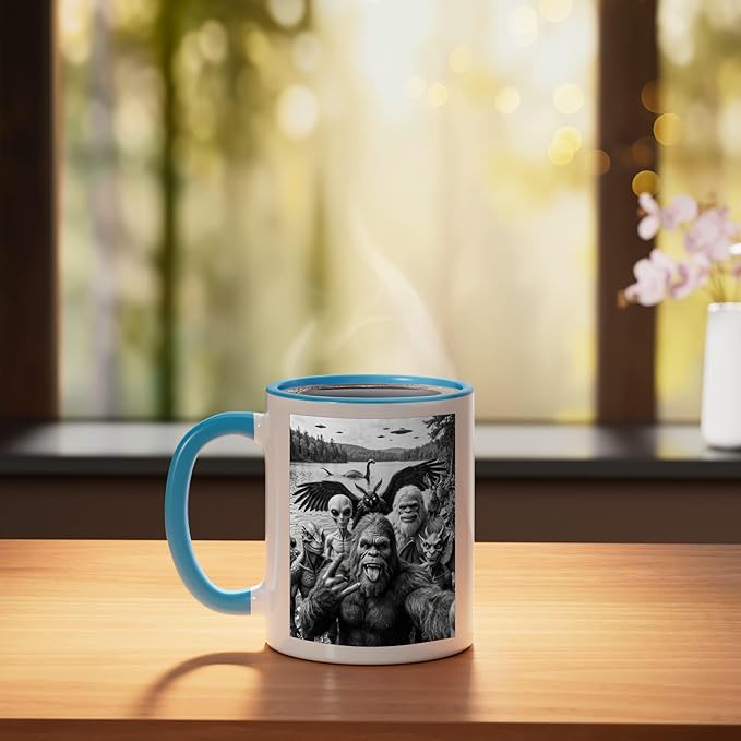 Bigfoot Alien Loch Ness Monster UFO Cryptids Selfie Ceramic Mug, Blue/White