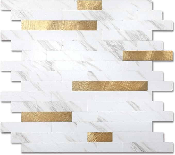 Yipscazo Peel and Stick Stone Metal Backsplash, Stick on Tiles for Backsplash Kitchen (White Stone with Gold, 20-Pack)