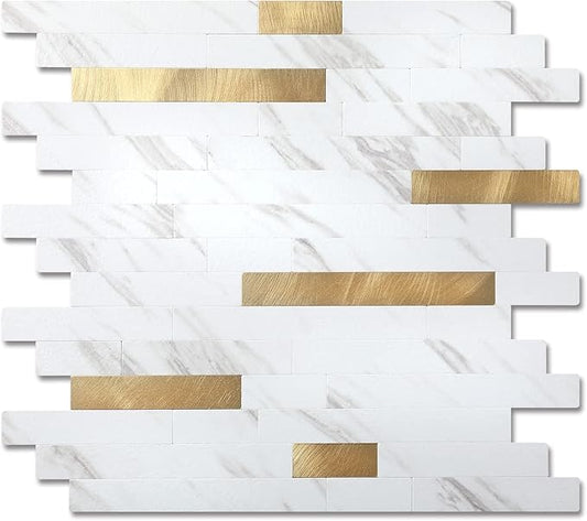Yipscazo Peel and Stick Stone Metal Backsplash, Stick on Tiles for Backsplash Kitchen (White Stone with Gold, 20-Pack)