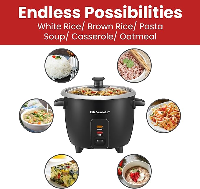 Elite Gourmet ERC003BX Electric Rice Cooker with Automatic Keep Warm Makes Soups, Stews, Grains, Hot Cereals, 6 Cups Cooked (3 Cups Uncooked), Black